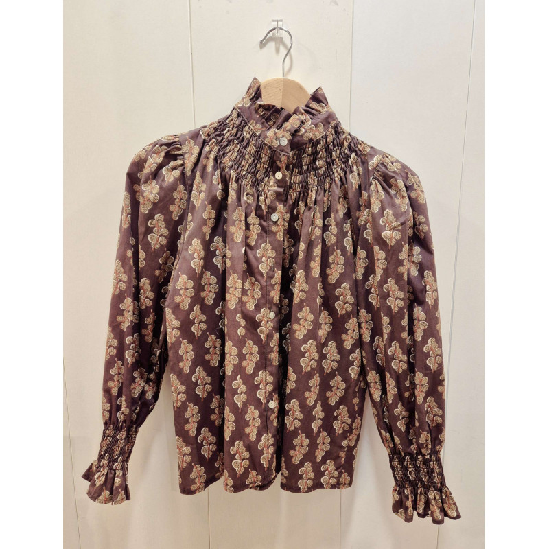 Blusa de mujer cuello fruncido con estampado floral, mangas abullonadas y puños elásticos