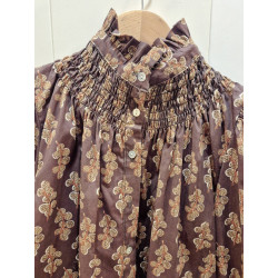 Blusa de mujer cuello fruncido con estampado floral, mangas abullonadas y puños elásticos