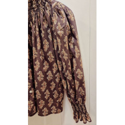 Blusa de mujer cuello fruncido con estampado floral, mangas abullonadas y puños elásticos