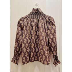 Blusa de mujer cuello fruncido con estampado floral, mangas abullonadas y puños elásticos