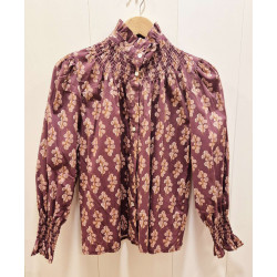 Blusa de mujer cuello fruncido con estampado floral, mangas abullonadas y puños elásticos