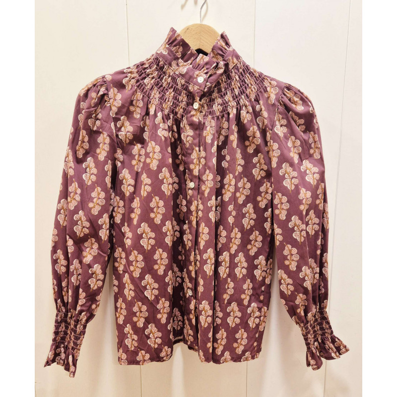 Blusa de mujer cuello fruncido con estampado floral, mangas abullonadas y puños elásticos