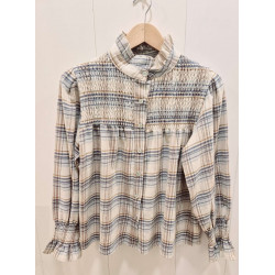 Blusa a cuadros con cuello fruncido, nido de abeja en el área del pecho y los puños, abotonadura delantera, manga larga