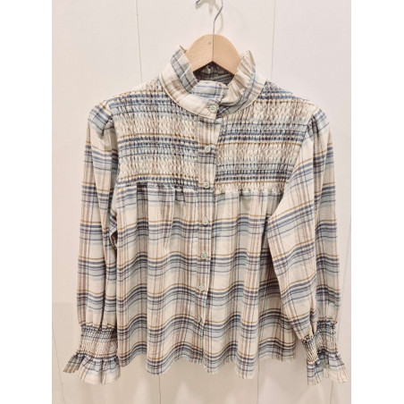 Blusa a cuadros con cuello fruncido, nido de abeja en el área del pecho y los puños, abotonadura delantera, manga larga