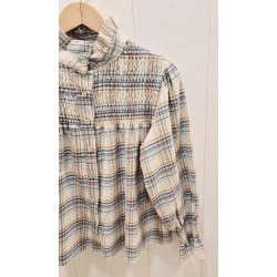 Blusa a cuadros con cuello fruncido, nido de abeja en el área del pecho y los puños, abotonadura delantera, manga larga