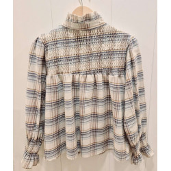 Blusa a cuadros con cuello fruncido, nido de abeja en el área del pecho y los puños, abotonadura delantera, manga larga