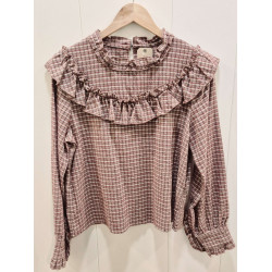 Camisa de manga larga con volante en el pecho y manga, estampado cuadro tipo vichy