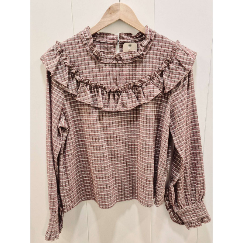 Camisa de manga larga con volante en el pecho y manga, estampado cuadro tipo vichy