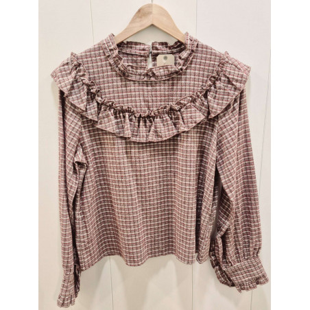 Camisa de manga larga con volante en el pecho y manga, estampado cuadro tipo vichy