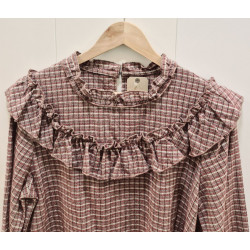 Camisa de manga larga con volante en el pecho y manga, estampado cuadro tipo vichy