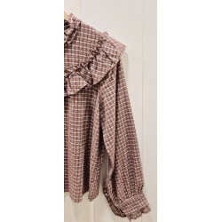 Camisa de manga larga con volante en el pecho y manga, estampado cuadro tipo vichy