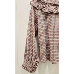 Camisa de manga larga con volante en el pecho y manga, estampado cuadro tipo vichy