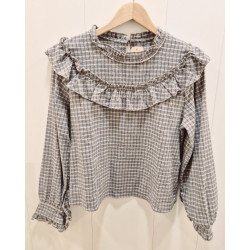 Camisa de manga larga con volante en el pecho y manga, estampado cuadro tipo vichy