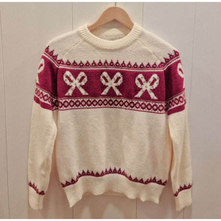 Jersey de cuello redondo, manga larga, con motivo de lazos con lentejuelas.