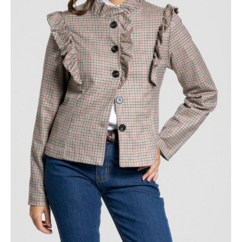 Chaqueta de cuadros , volantes en el cuello y a lo largo de la botonadura frontal, manga larga