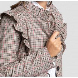 Chaqueta de cuadros , volantes en el cuello y a lo largo de la botonadura frontal, manga larga