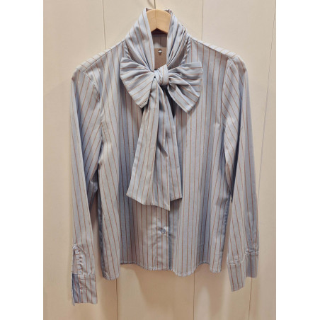 Blusa camisera de manga larga, cuello lazada grande, cierre de botones en la parte delantera y puños abotonados, estampado de ra