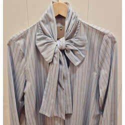 Blusa camisera de manga larga, cuello lazada grande, cierre de botones en la parte delantera y puños abotonados, estampado de ra