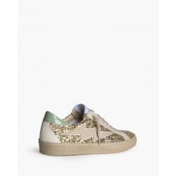 Sneaker estilo casual con purpurina dorada, con detalle de rayo lateral, suela plana