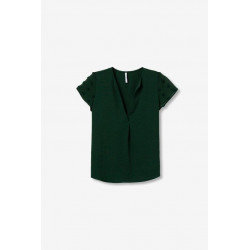 Blusa fluida con escote en V, mangas cortas con detalle de pequeños pompones