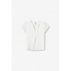 Blusa fluida con escote en V, mangas cortas con detalle de pequeños pompones