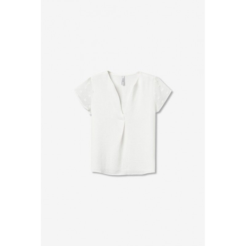 Blusa fluida con escote en V, mangas cortas con detalle de pequeños pompones