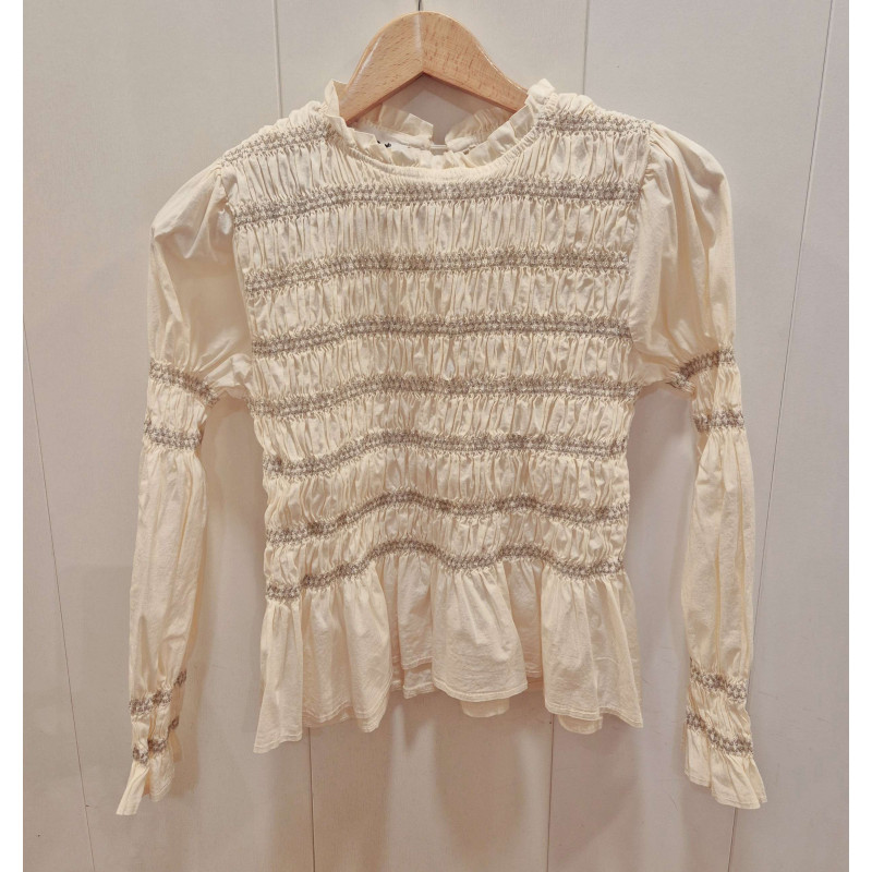 Diseño: Presenta un cuerpo y mangas completamente fruncidos mediante la técnica de nido de abeja, lo que le otorga elasticidad y