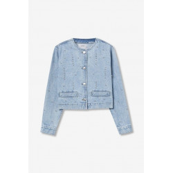 Chaqueta corta vaquera con cuello redondo, cierre frontal abotonado y detalles brillantes