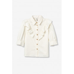 Camisa corte recto, manga corta abullonada y volantes grandes en el pecho.