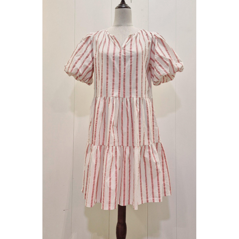 Vestido corto con vuelo, cuello pico, manga corta abullonada, estampado rayas