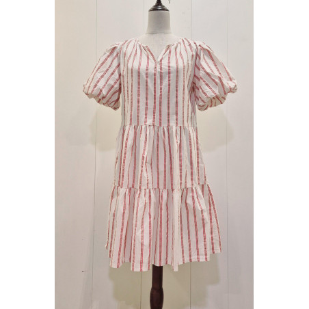 Vestido corto con vuelo, cuello pico, manga corta abullonada, estampado rayas