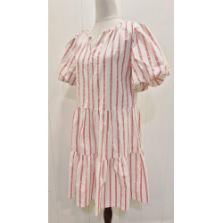Vestido corto con vuelo, cuello pico, manga corta abullonada, estampado rayas