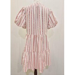 Vestido corto con vuelo, cuello pico, manga corta abullonada, estampado rayas