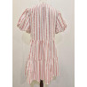 Vestido corto con vuelo, cuello pico, manga corta abullonada, estampado rayas