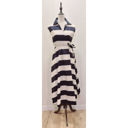 Vestido cruzado, sin mangas, cuello camisero, estampado rayas, largo