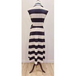 Vestido cruzado, sin mangas, cuello camisero, estampado rayas, largo