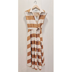 Vestido cruzado, sin mangas, cuello camisero, estampado rayas, largo
