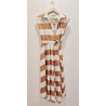 Vestido cruzado, sin mangas, cuello camisero, estampado rayas, largo