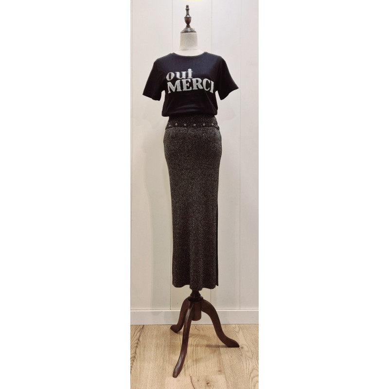 Falda de punto lurex, cintura goma, larga, con abertura Falda de punto lurex, cintura goma, larga, con abertura